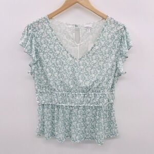 Madison & Berkeley Floral Short Ruffle Sleeve Mesh Blouse Green Small NWT